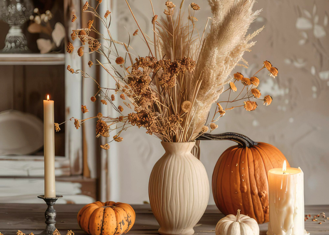 Herbstdeko Ideen; Herbstliche Vase mit Trockenblumen, Kürbisse und Kerzen